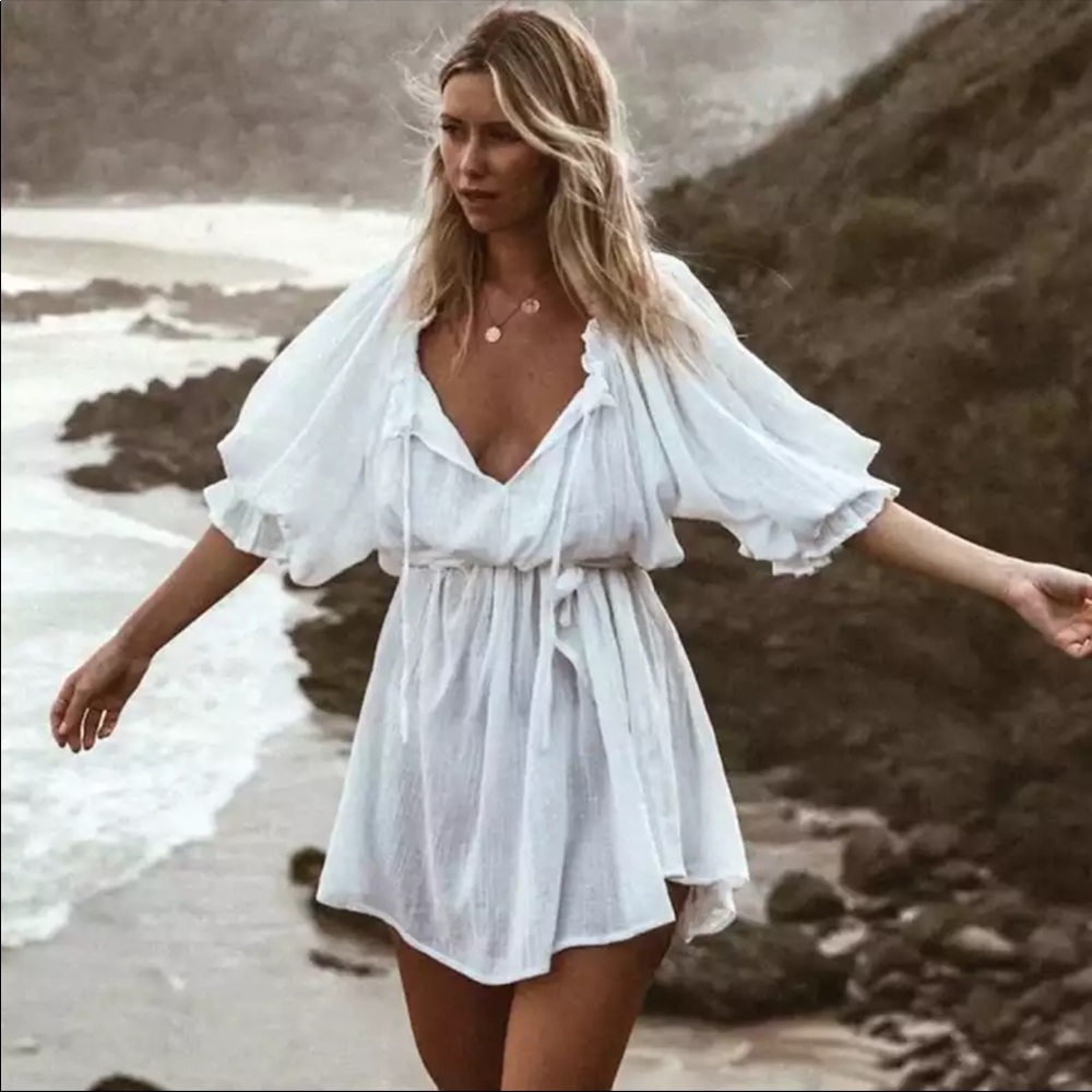 White boho off the shoulder gypsy dress cotton - Picture 2 of 8